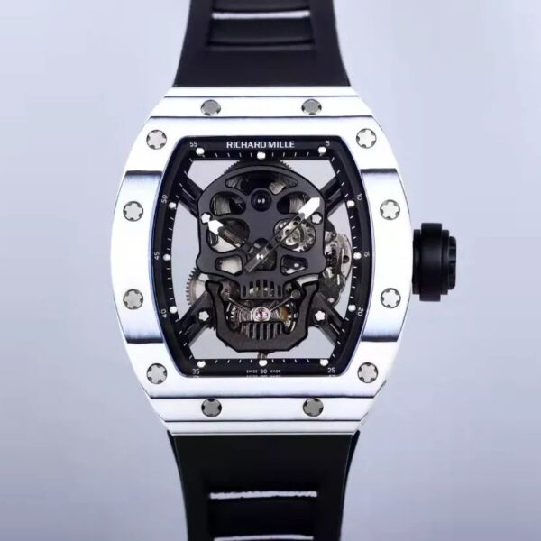 RM 52-01 Skull Black Dial White Bezel Black Rubber Strap JB Tourbillon